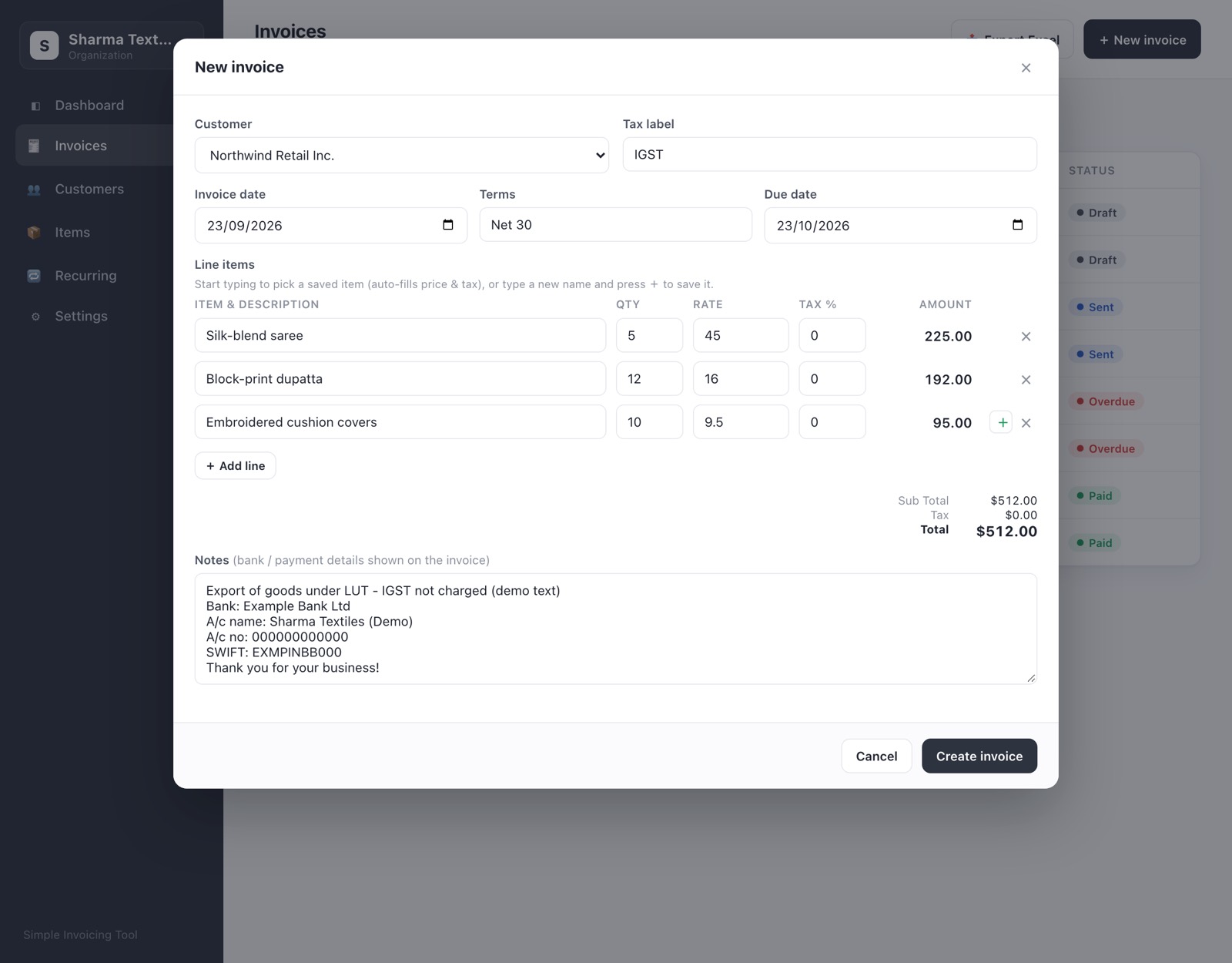 New invoice. Items come from a saved catalogue, the due date follows from the terms, and bank and export notes pre-fill.