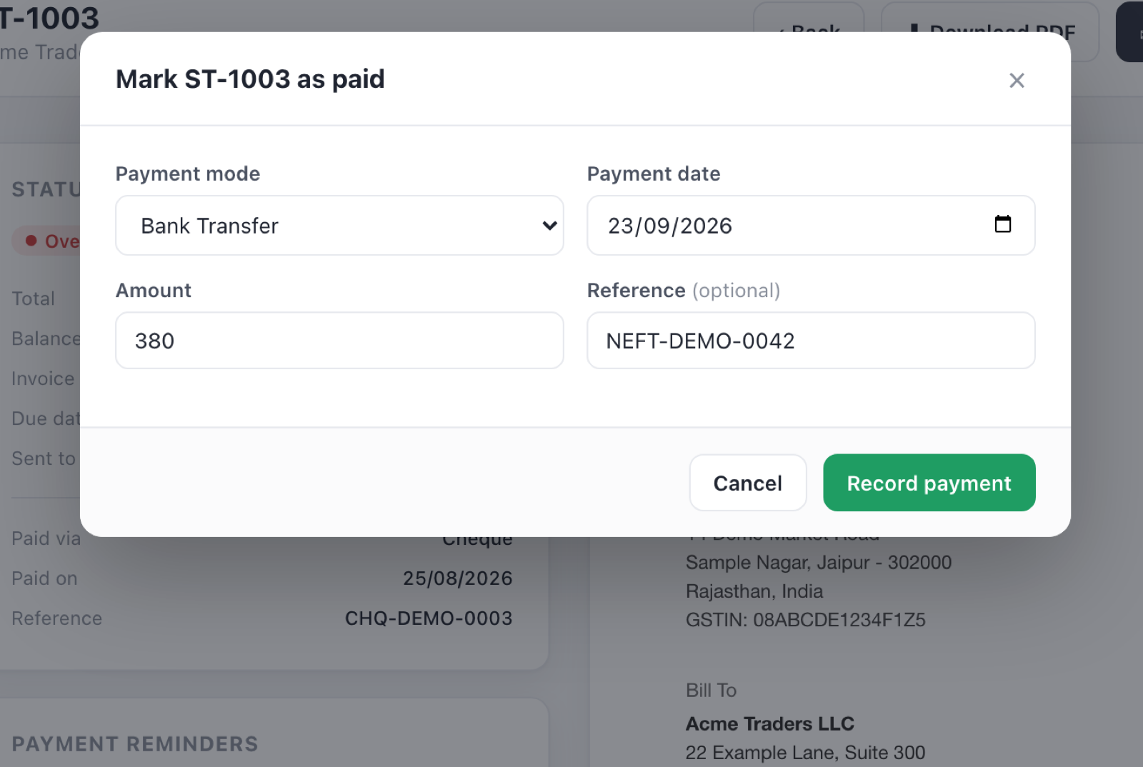 Recording a partial bank transfer. The amount defaults to the balance.