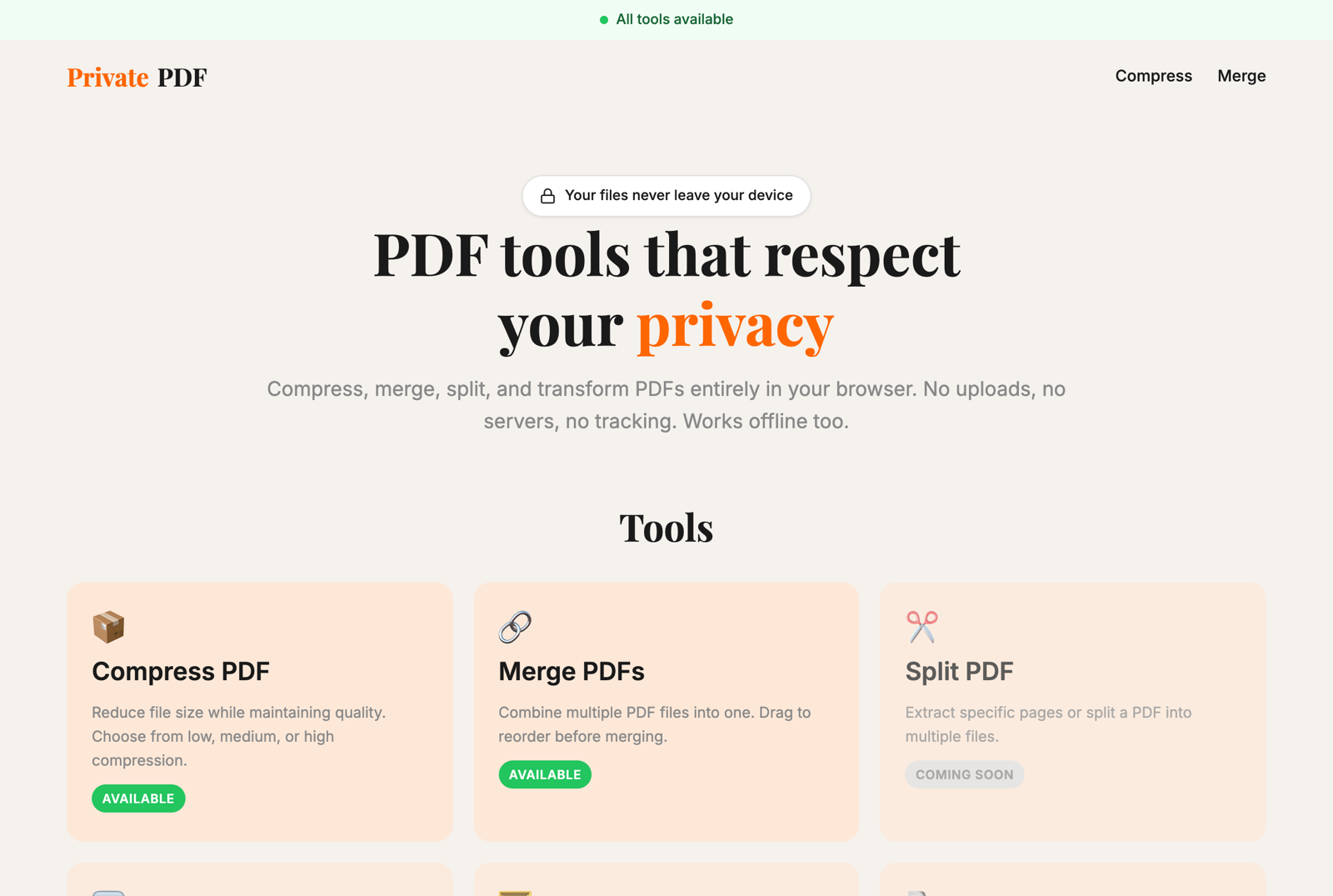 PrivatePDF home page: “PDF tools that respect your privacy”, with Compress and Merge available and five more tools marked coming soon