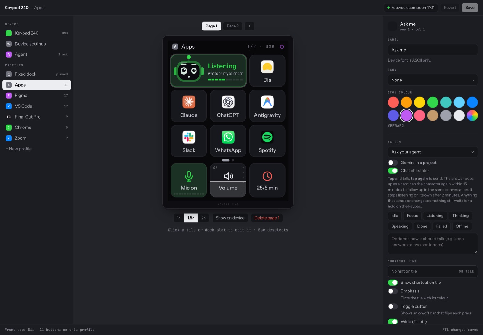 The editor with the chat tile selected. The preview shows the robot listening, and the switches on the right turn any tile into a chat tile or hand it to Gemini.