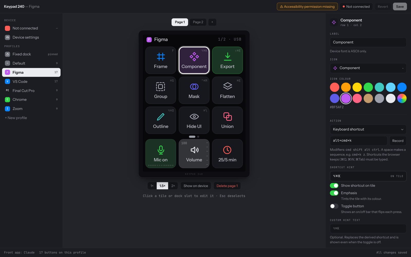 The editor runs locally in the browser. Every tile has a label, icon, colour, action and shortcut hint, and the preview matches the device pixel for pixel.