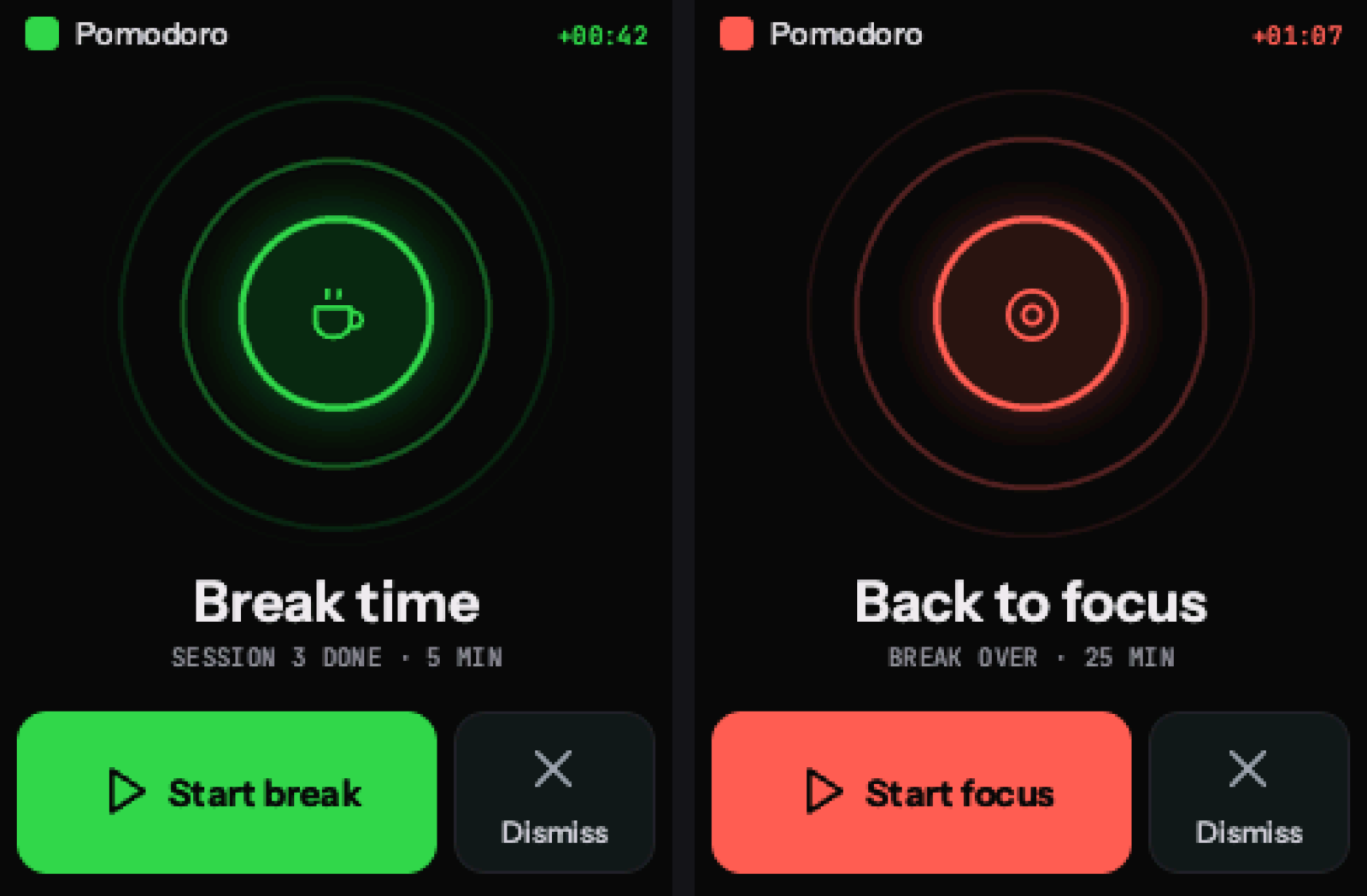 The focus timer’s full-screen alarm. It stays until you dismiss it. Rendered from the real firmware drawing code; not yet photographed on the device.