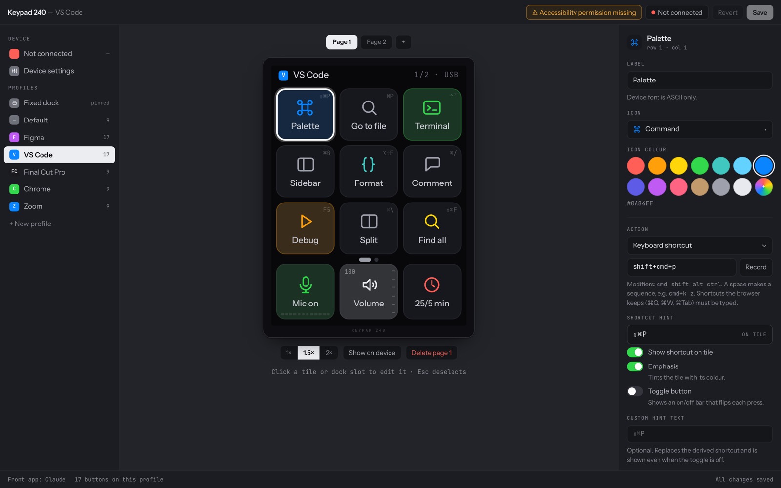 Same keypad, different app: the VS Code layout in the editor.