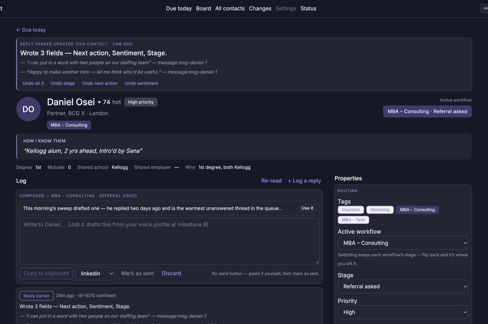 The contact page. The composer ends at “copy to clipboard” and “mark as sent”. There is deliberately no send button.