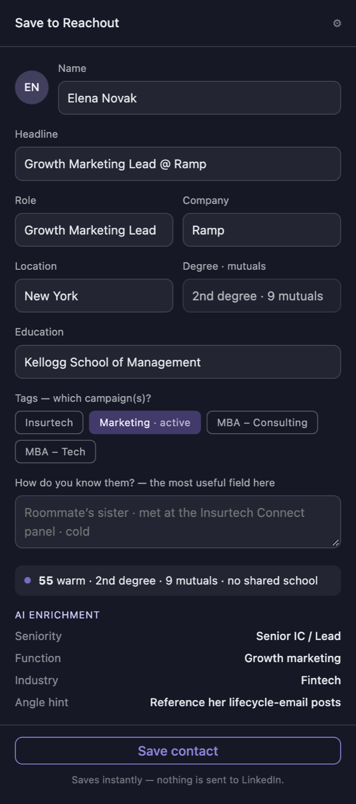 Capturing someone from LinkedIn. Warmth and AI enrichment are previewed before anything is saved.