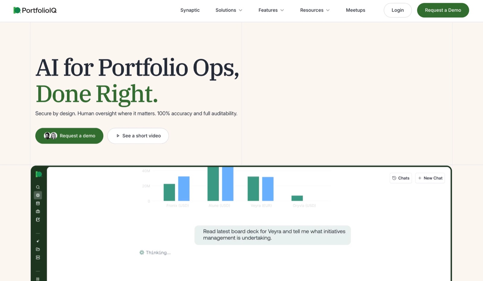 PortfolioIQ’s website: “AI for Portfolio Ops, Done Right”, with the app below